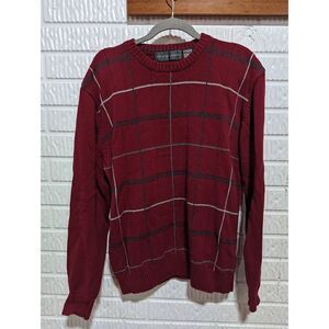 Oscar De La Renta Men's Burgundy Cotton Gray Window Pane Crew Neck Sweater Sz XL